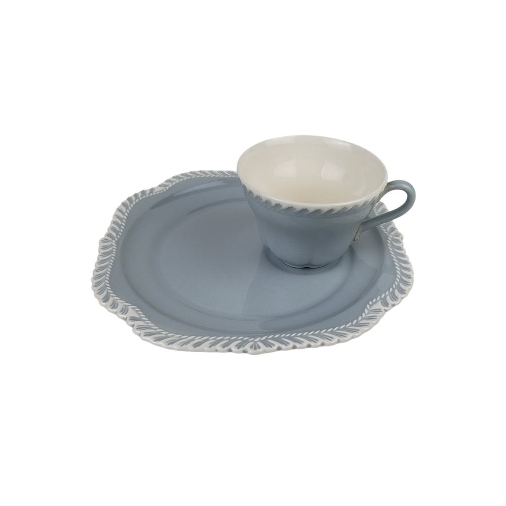 Vintage Harker Pottery Gray‎ Snack Set Cup and Square Plate